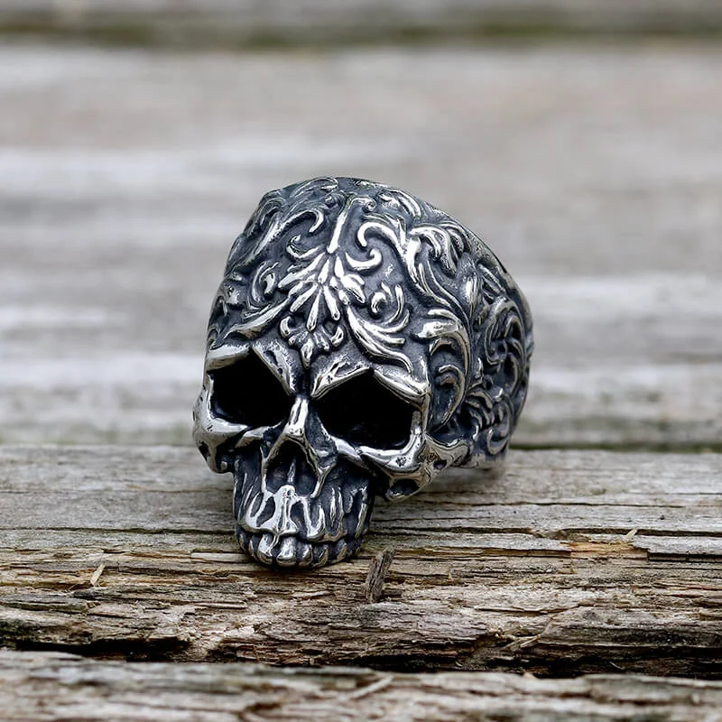 Floral Pattern Skull Head Stainless Steel Ring