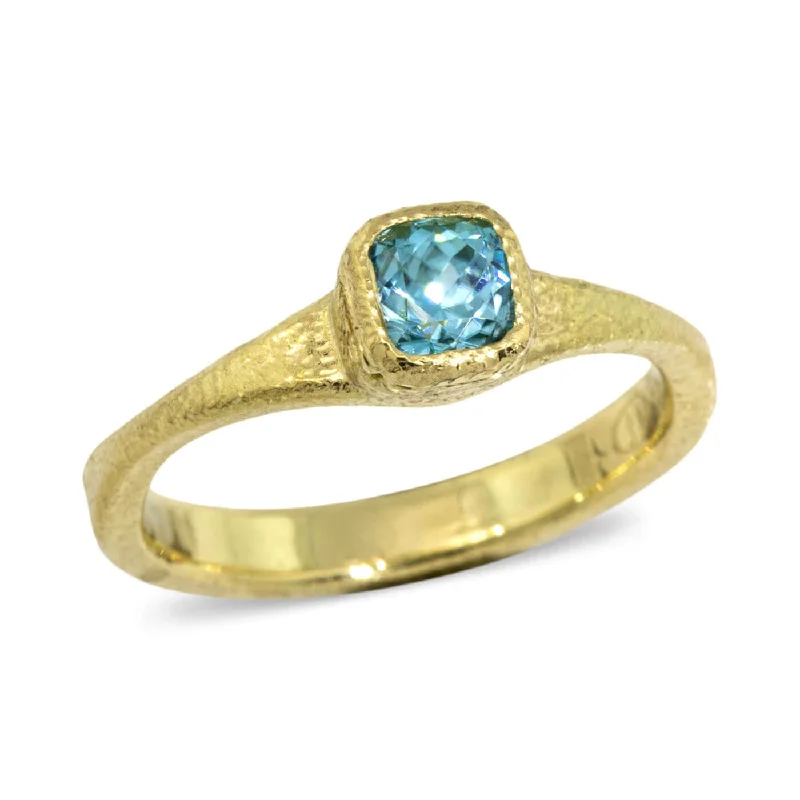 Forged Cushion Cut Blue Zircon Ring in 18k gold