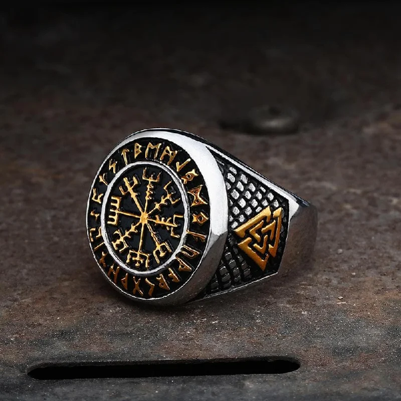 Futhark Runes Compass Viking Ring