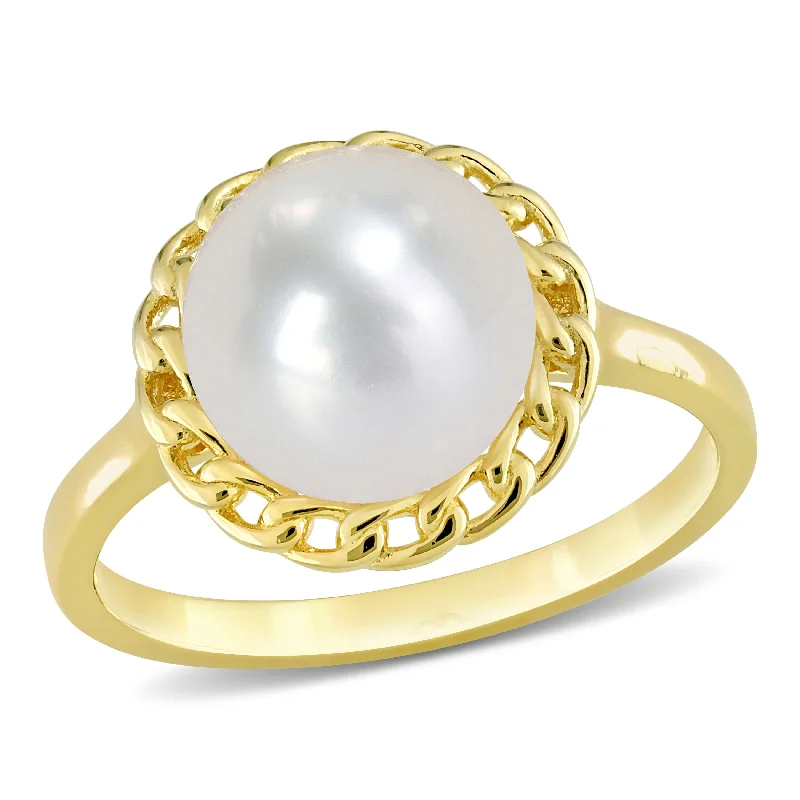 Miadora 9-9.5mm Cultured Freshwater Pearl Halo Link Ring in Yellow Silver