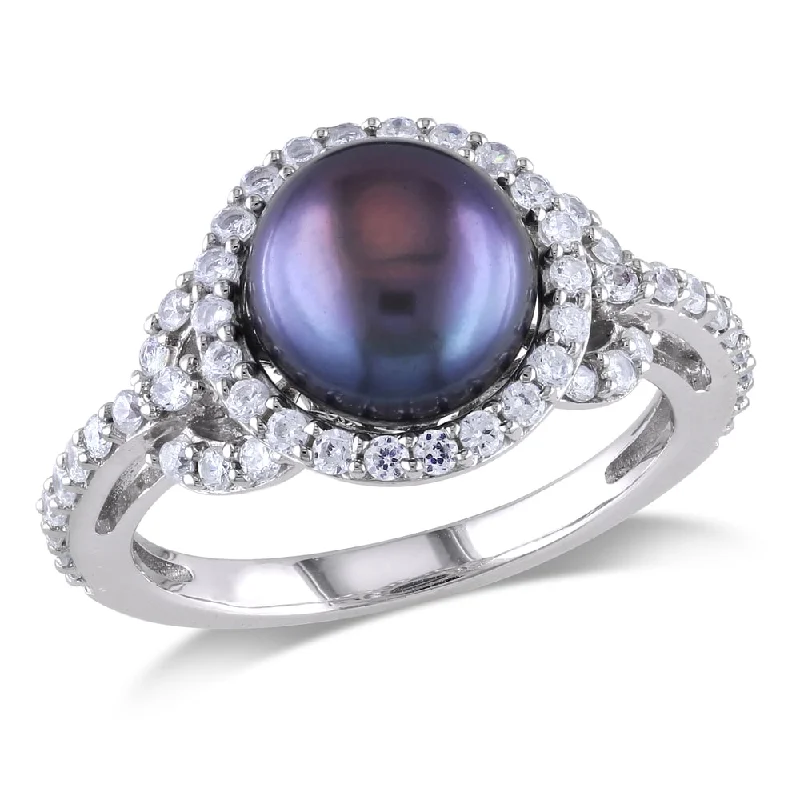 Miadora Sterling Silver Cultured Black Pearl and Cubic Zirconia Ring (8.5-9 mm)