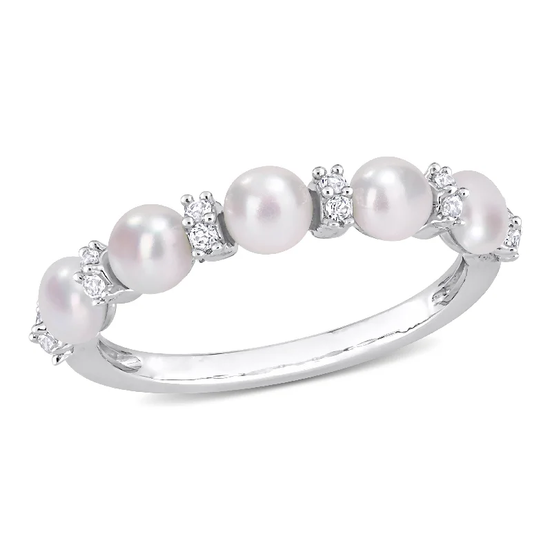 Miadora Sterling Silver Freshwater Cultured Pearl & White Topaz 5-Stone Semi-Eternity Ring (3.5-4mm)