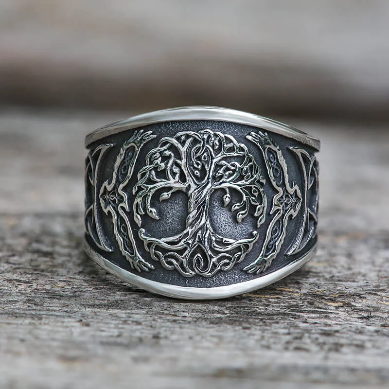 Tree of Life Raven Stainless Steel Viking Ring