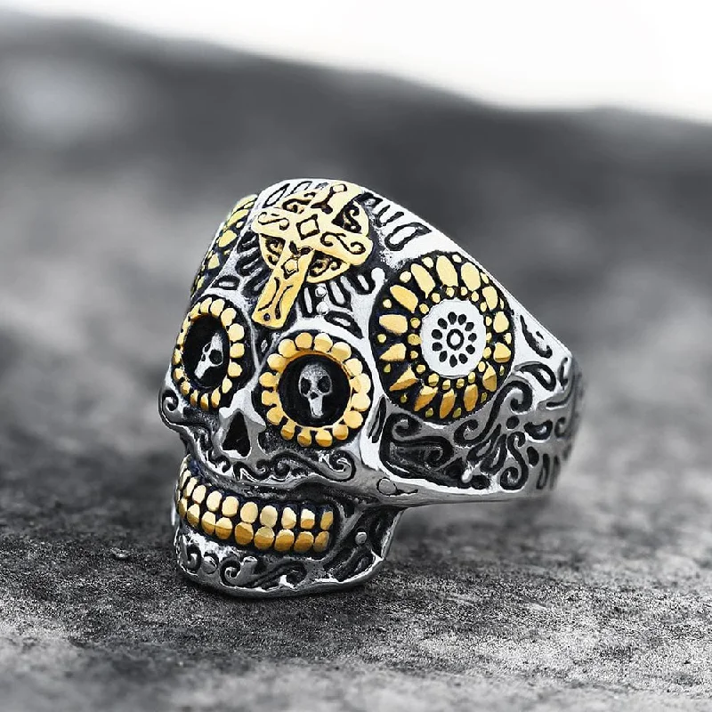 Vintage Cross Stainless Steel Sugar Skull Ring