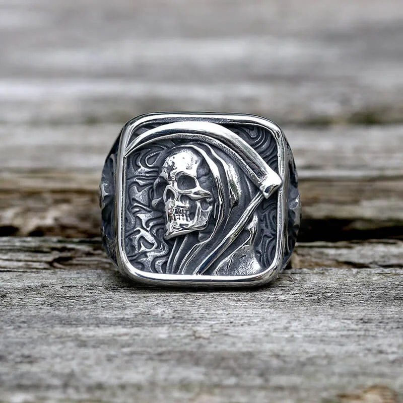 Vintage Grim Reaper Skull Stainless Steel Square Ring