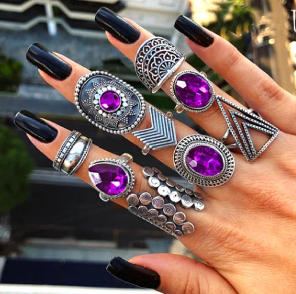 Wholesale Vintage Water Drop Amethyst Alloy Rings Set of 9